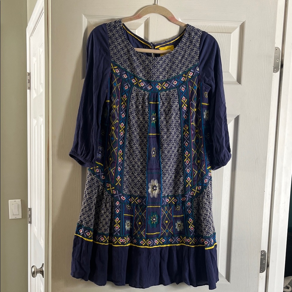 Anthropologie Navy and Multicolored Embroidered Dress